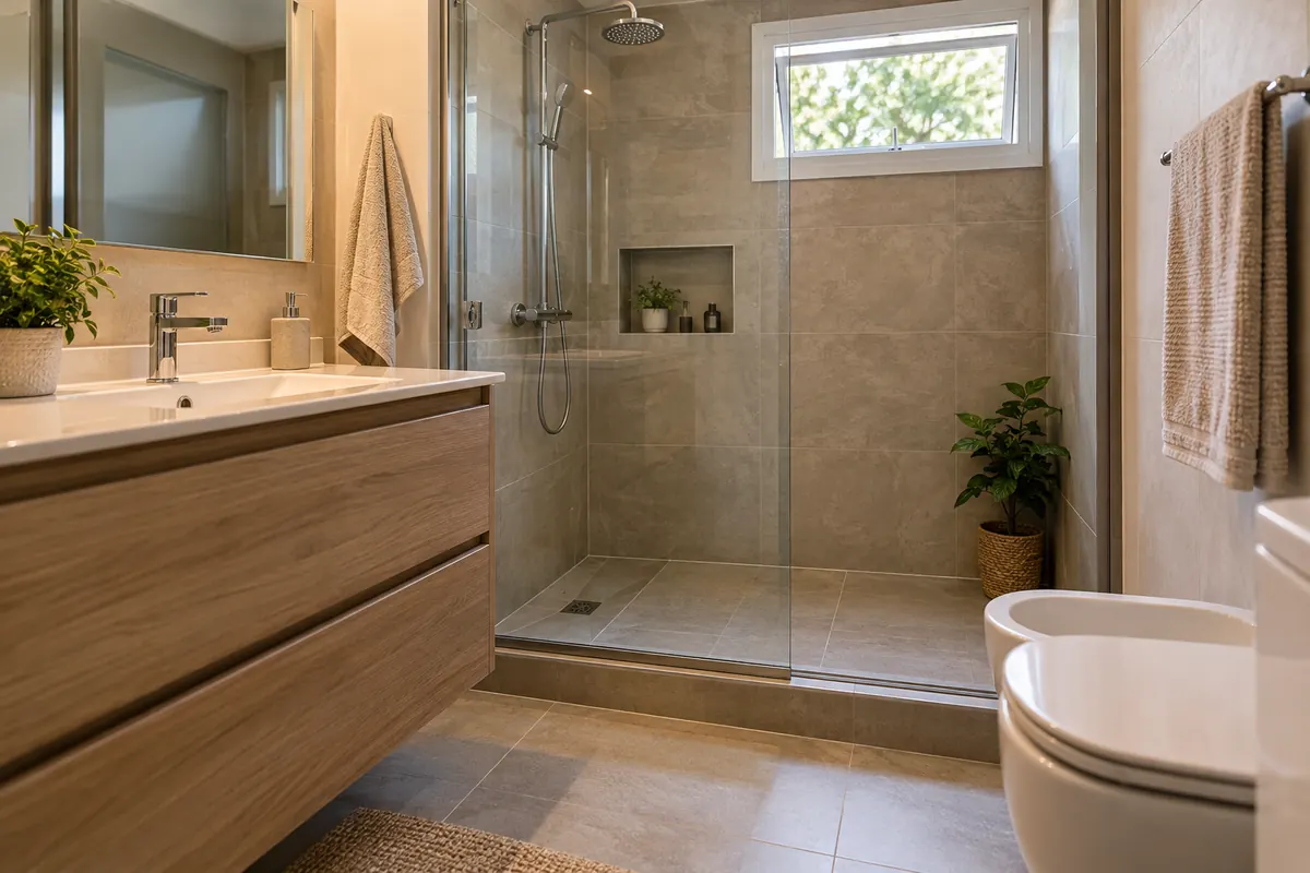Baño ilustrativo con ducha, mampara, ventilación y mueble de guardado