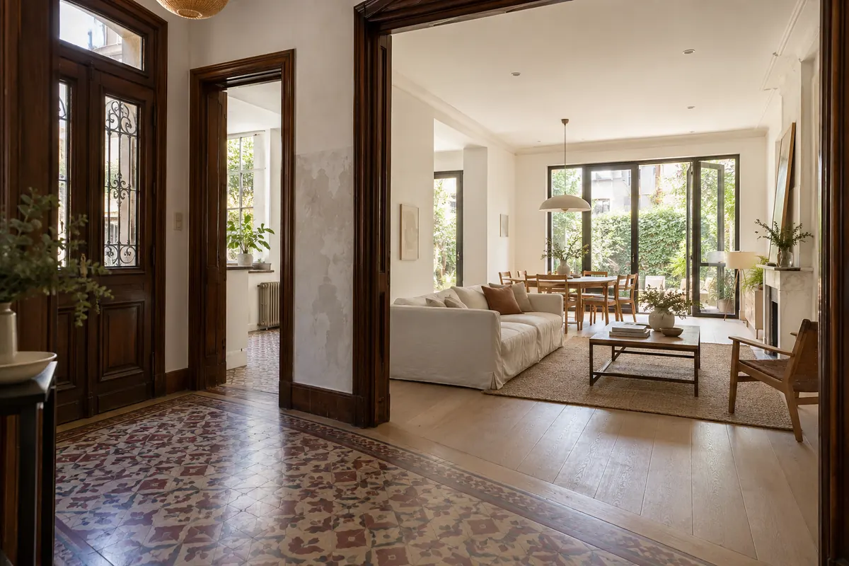 Interior ilustrativo de una casa con carpinterías y pisos originales integrados a una reforma