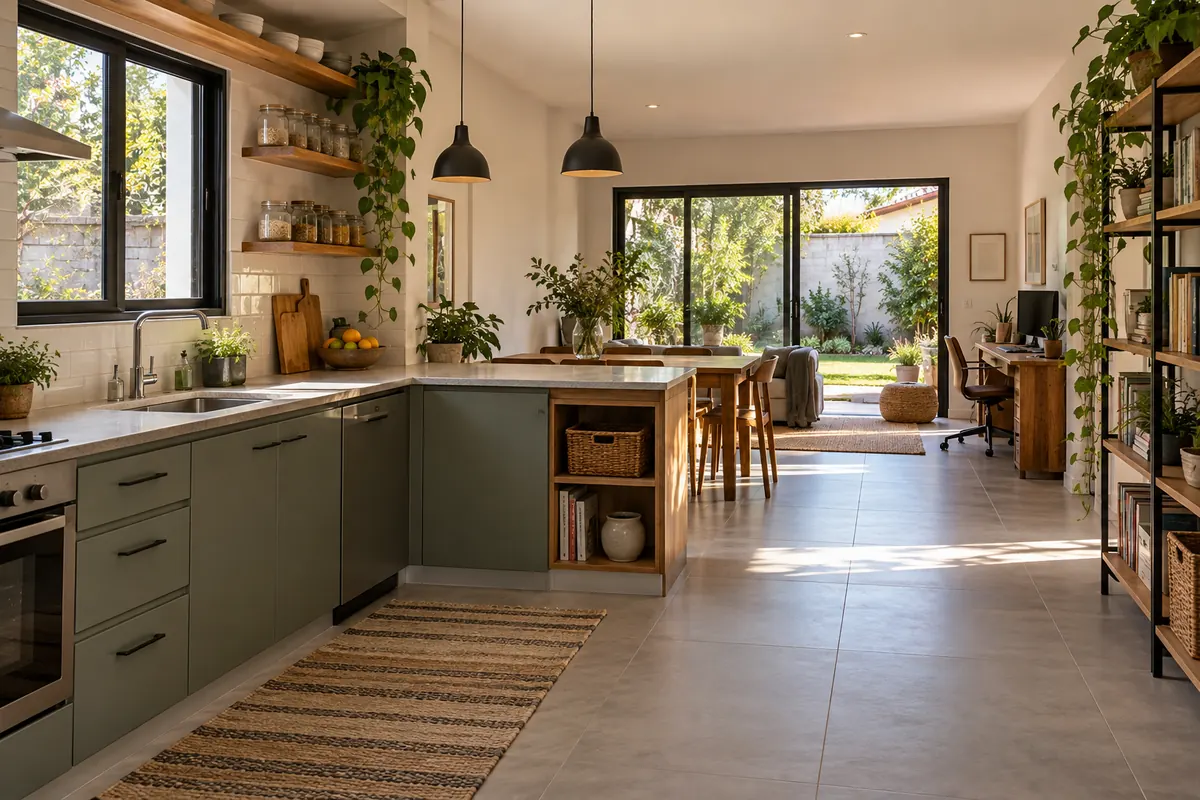 Casa familiar ilustrativa con cocina y espacio de trabajo integrados