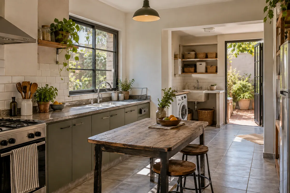 Cocina y lavadero ilustrativos organizados en una casa familiar